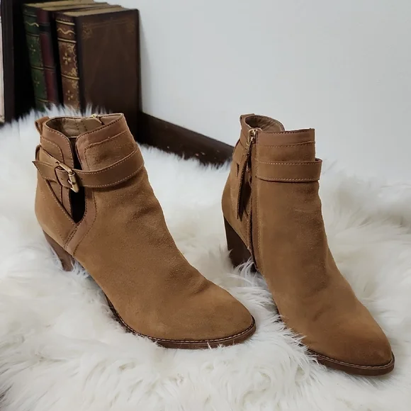 Sam Edelman Saddle Brown Maurine Suede Ankle Boots Harness Buckle